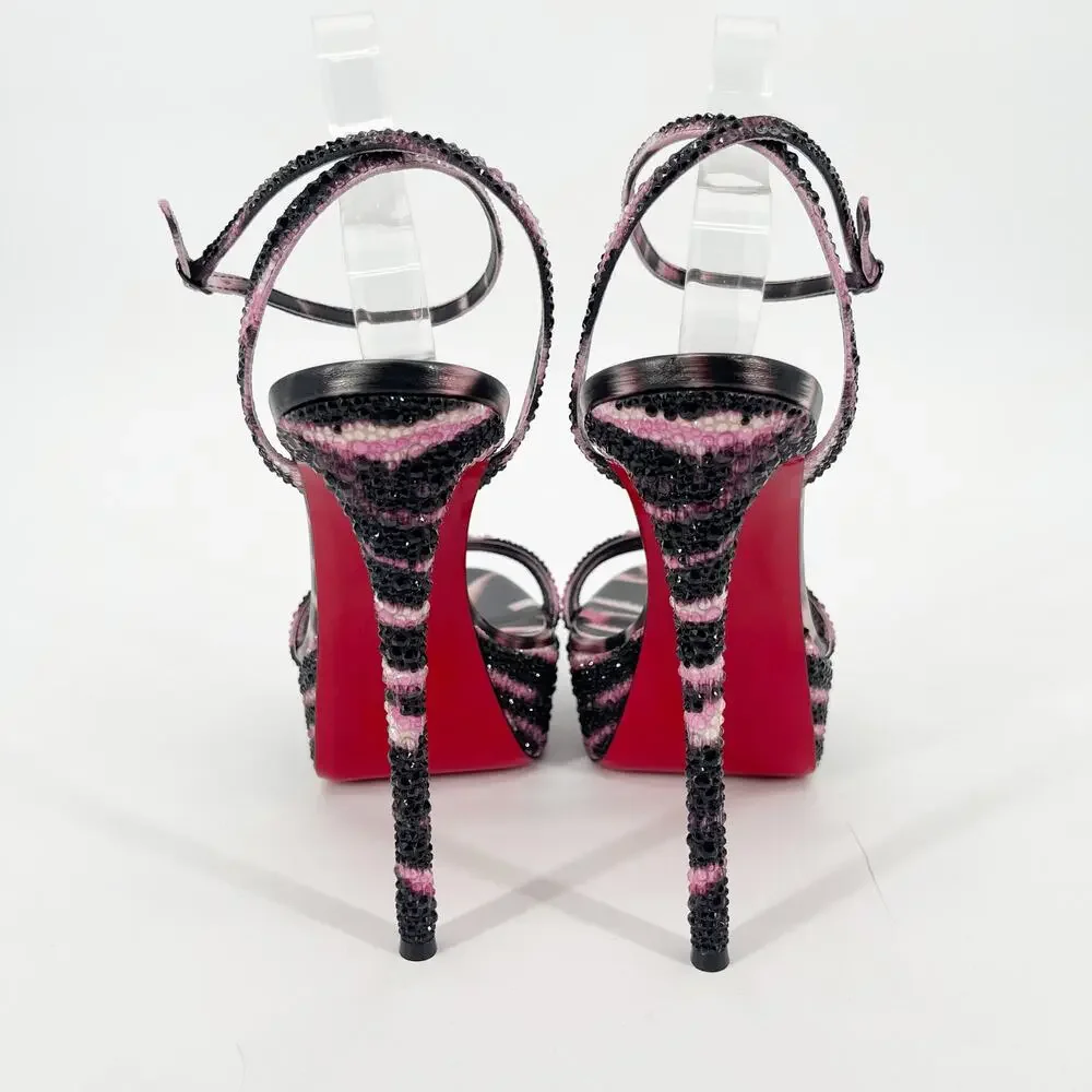 Christian Louboutin Loubi Queen Alta Pink Black Strass Platform Sandals EU 42